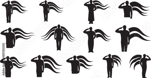 Silhouettes of businessmen with flying jackets on white background