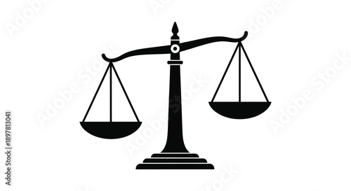 A stark black and white illustration depicts classic scales of justice symbolizing fairness and legal proceedings high quality