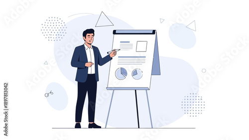Businessman Presenting Business Plan on Flip Chart with Data Charts