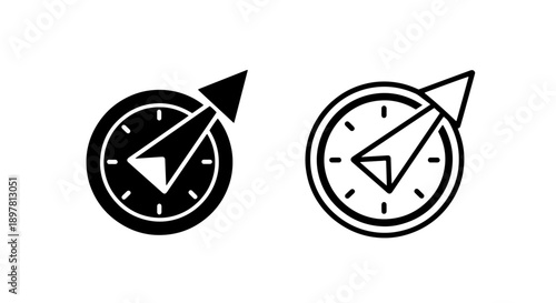 Black and white compass icon with arrow for navigation and direction on white background