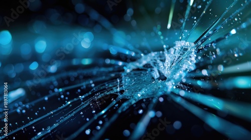 Close-up of Water Droplet Splash with Radiant Light in Abstract Blue Background