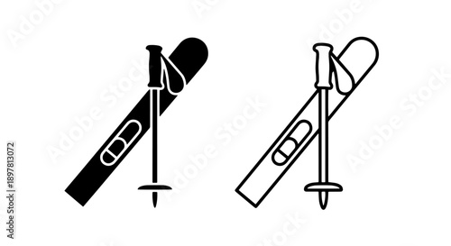 Black and white icon of skis and poles angled for winter sports and travel