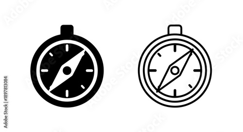 Simple black and white compass icon with pointer for navigation