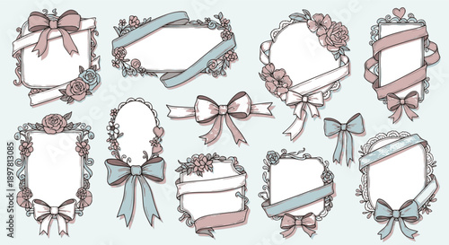 Set of hand drawn frames with ribbon and bow in romantic styles for greeting cards, wedding invitations, Valentines Day designs, packaging, scrapbooking, event printable stationery Vector illustration