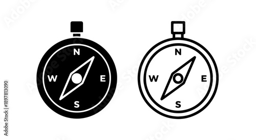 Black and white compass icon with cardinal directions for navigation and travel