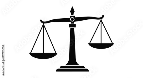 A simple black and white illustration depicts a classic balance scale symbolizing justice and fairness high quality professional