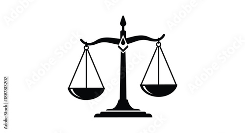 A simple black and white illustration depicts a traditional balance scale symbolizing justice and fairness high quality professional