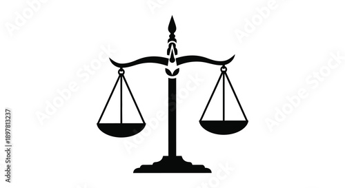 A stark black and white illustration depicts a classic scales of justice symbol representing legal fairness and equilibrium high quality
