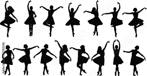 Ballet dancer silhouette collection showing graceful female dance poses, classical performance movement figures isolated on white background
