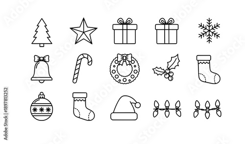 Christmas holiday line icon set festive symbols vector illustration