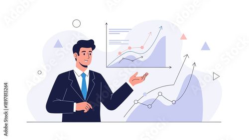 Businessman presenting financial growth charts and data analysis