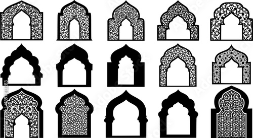 Collection of oriental style islamic vector shapes of a window or door arch mosque gate islamic arabesque pattern arab frame set on transparent background ramadan kareem silhouette icon set.