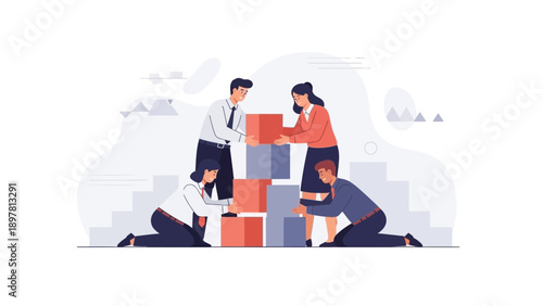 Teamwork building blocks, collaboration, business strategy, success, flat illustration.