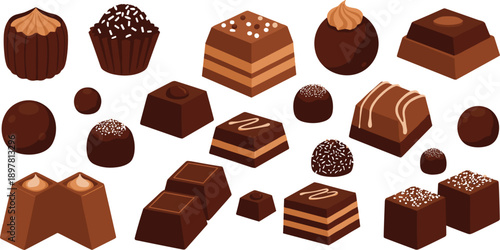 Premium Vector Set of Assorted Chocolate Pralines and Gourmet Truffles with Layered Fillings, Toppings, and Decorative Drizzles for Confectionery Branding and Dessert Menus