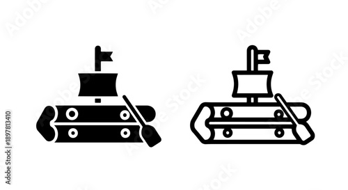 Bamboo raft with sail and paddle icon, silhouette and outline for travel