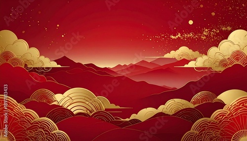 Abstract Happy Chinese New Year background, red gradient backdrop with subtle Chinese cloud pattern in gold line art, modern oriental style, minimal festive design