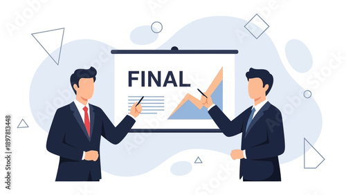 Businessmen presenting final report with charts on a whiteboard