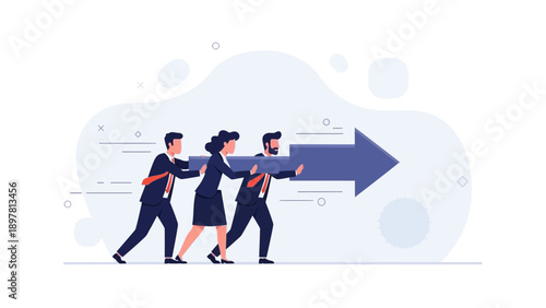 Teamwork pushing blue arrow forward, business strategy, collaboration, success concept