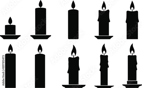 Black candle silhouette set with burning flame, wax drip shapes, decorative candle icons, minimal lighting illustration isolated on white background