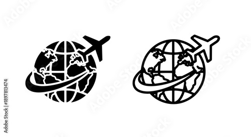 Airplane orbiting globe icon, representing travel and international flight