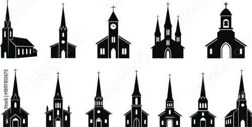 Church building silhouette collection with Christian crosses, cathedral and chapel icons, religious architecture symbols isolated on white background
