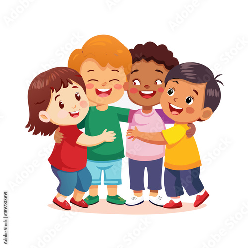 Diverse group of happy children friends in a group hug. Multicultural kids embracing each other. Concept of friendship, unity, togetherness, and inclusion. Cute cartoon vector.
