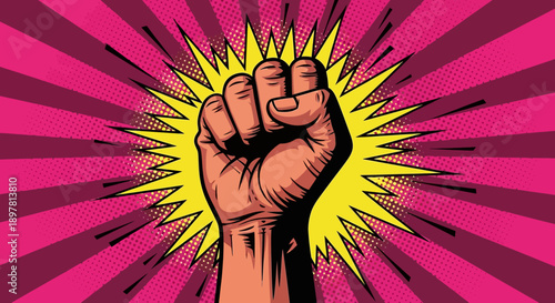 Power Fist Pop Art Illustration. Raised Clenched Hand Symbolizing Strength, Protest, Unity, and Revolution against a Vibrant Retro Comic Book Background.