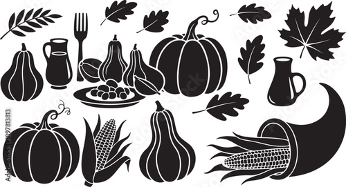 Black and white Thanksgiving harvest icons and symbols illustration