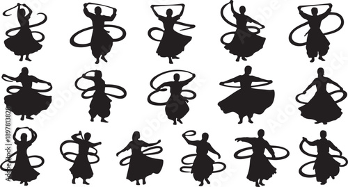 Silhouettes of dancers in various poses and flowing dresses