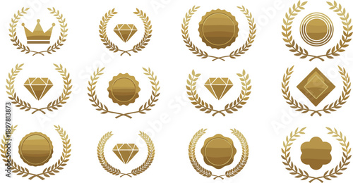 Set of Golden Laurel Wreath Badges Featuring Crowns, Diamonds, and Luxury Seals for Premium Membership, Award Certificates, and High-End Branding Identity Designs