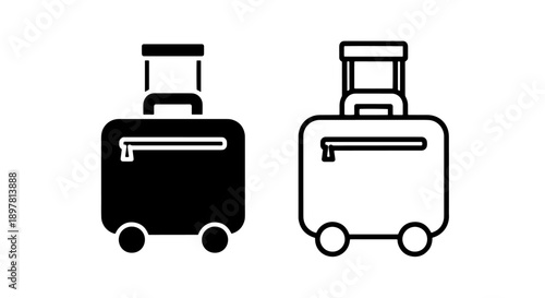Roller suitcase icons in solid black and outline for travel and business trip concepts