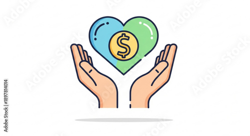 Hands holding heart with dollar sign symbolizing charity and financial support