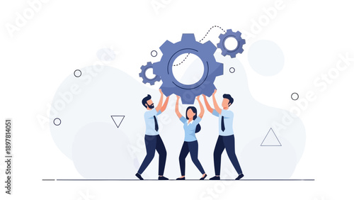 Teamwork concept: people lifting a large gear, business collaboration, success, strategy