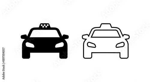 Front view icon of a taxi car with checker pattern, black and outline versions for transport services