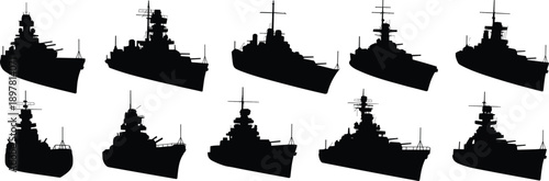 Military battleship silhouette collection featuring modern naval warships, destroyers and cruisers, black combat vessel icons isolated on white background