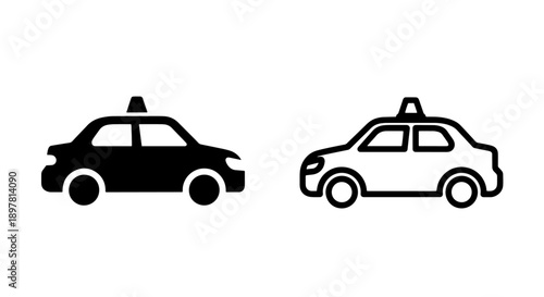 Icon of a classic taxi, front view, solid and outline versions for vintage transport themes