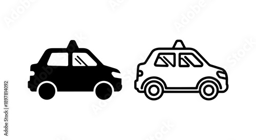 Side profile icon of a taxi, solid black and outline styles for transportation and urban mobility