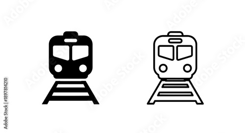 Simple black and white train icons with tracks, representing public transportation and travel concepts.