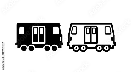 Modern bus and tram icons in black and white, symbolizing urban transit and passenger movement.