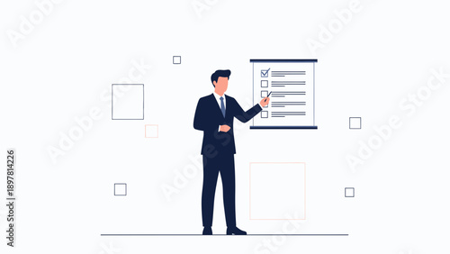 Businessman checking off tasks on a checklist board, business strategy concept