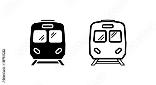 Stylized black and white subway train icons on tracks, ideal for transportation and city life themes.