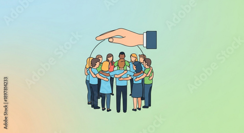 Diverse group of people standing together under protective hand