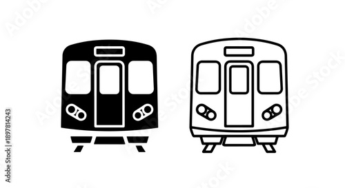 Bold black and white icons depicting a passenger train on rails, perfect for travel and logistics.