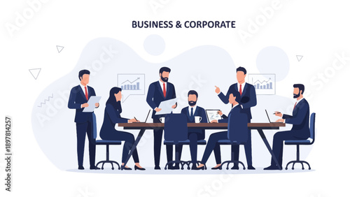 Diverse Business Team Meeting, Corporate Strategy, Office Collaboration, Flat Design