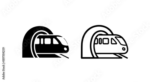 Dynamic icons of a train emerging from a tunnel in black and white, symbolizing progress and journey.