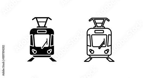 Striking black and white icons of a modern tram with wipers, perfect for city transit graphics.
