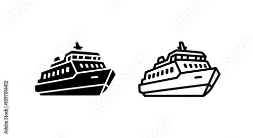 Striking black and white icons of a passenger ship, representing global voyages and sea travel.