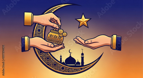 Ramadan crescent moon with hands exchanging gift box and mosque silhouette at sunset