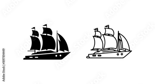Elegant black and white icons of a majestic sailing ship, perfect for historical, nautical, or adventure themes.