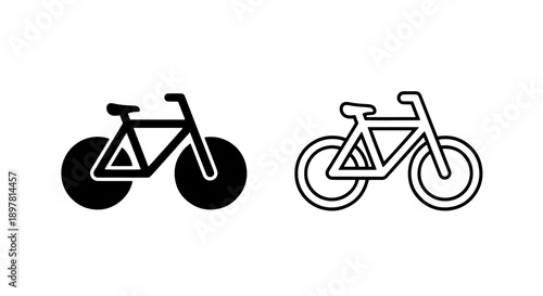 Black and white icon set of a bicycle in solid and line art styles. Vector illustration.